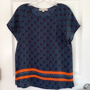LOFT Navy Short Sleeves Blouse Top M Flowers Geometric Pattern
